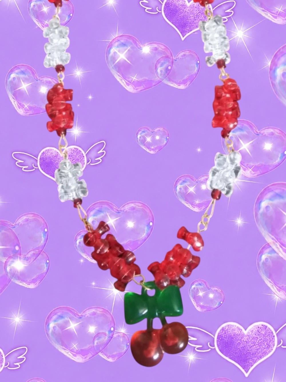 Cherry Beaded Necklace with Green Bow coquette style